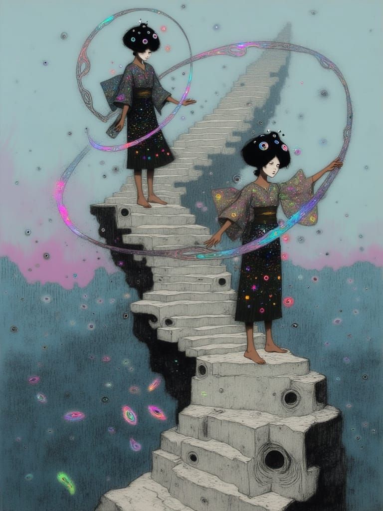 Dazzling Geisha Figures Dance Amidst Glowing Hula Hoops in a...