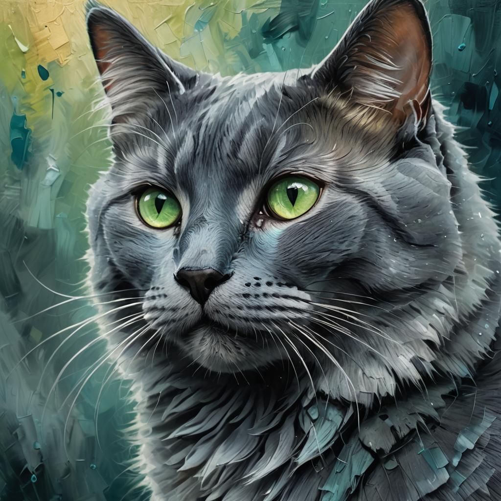Sleek Russian Blue Cat in Impasto Oil Painting