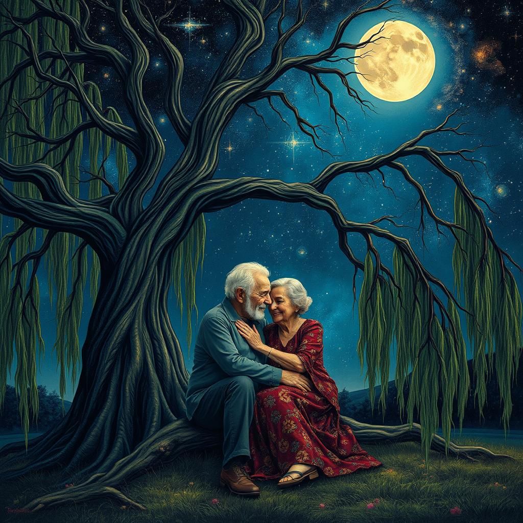 Elderly Couple Embrace Under Cosmic Willow Tree