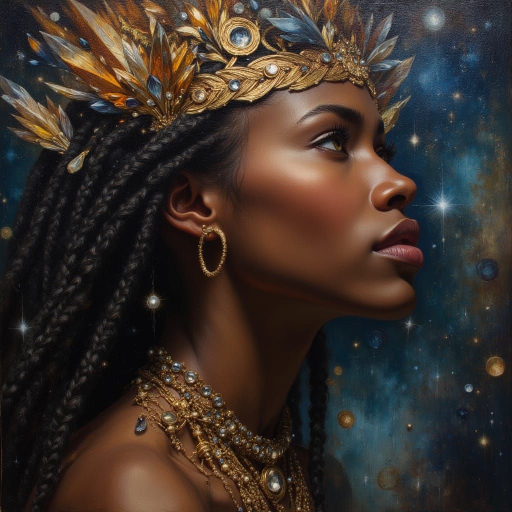 Celestial Black Woman Portrait in Divine Oil Painting