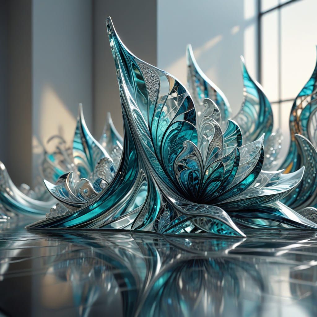 Sleek Glass Sculptures in Modern Studio: Abstract Fractal Ar...