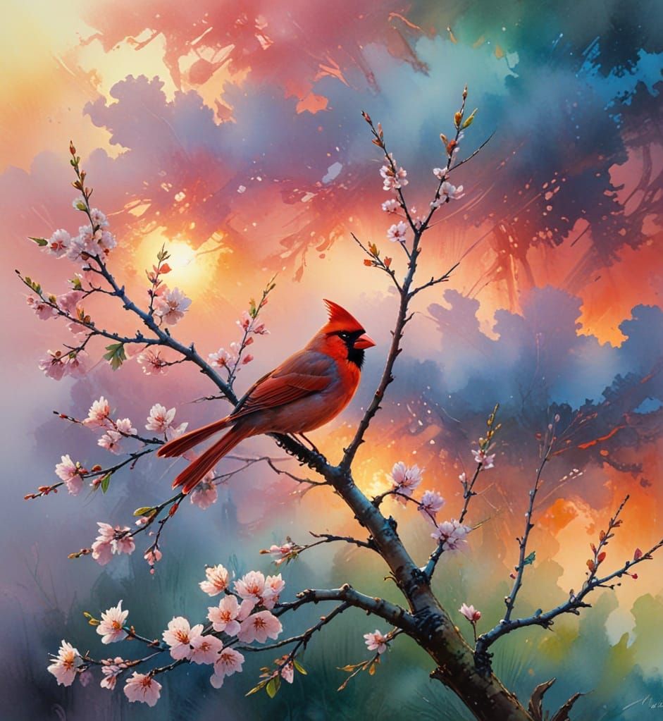 Vibrant Springtime Scene with a Red Cardinal and Cherry Blos...