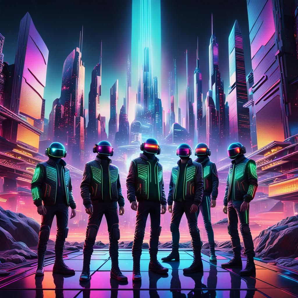 Retro-futuristic 3D album cover art. A rock band standing in front of a vibrant, neon-lit cityscape.