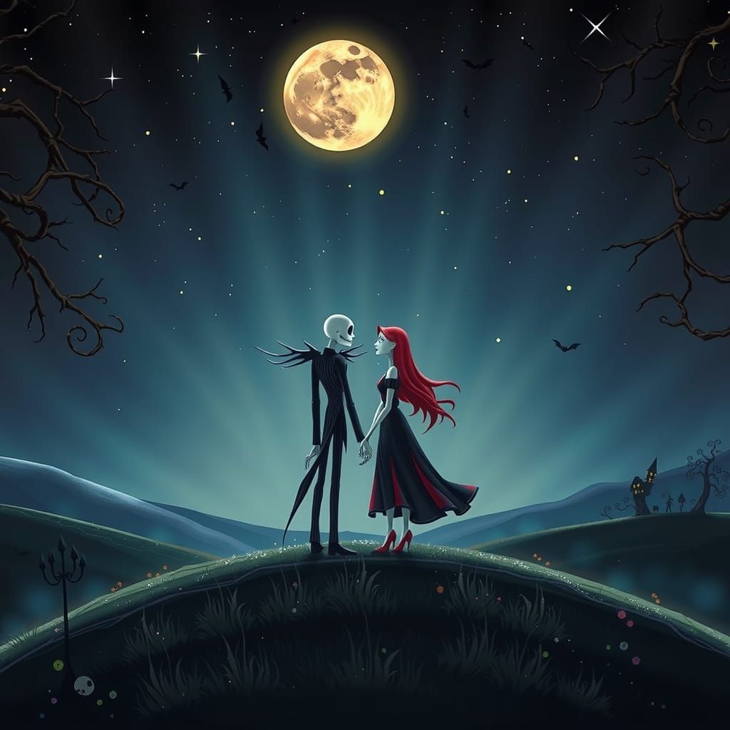 Skeletal Sweethearts Bask in Moonlit Love