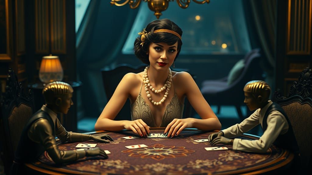 1920s Flapper Plays Cards With Tin Men in Luxurious Room