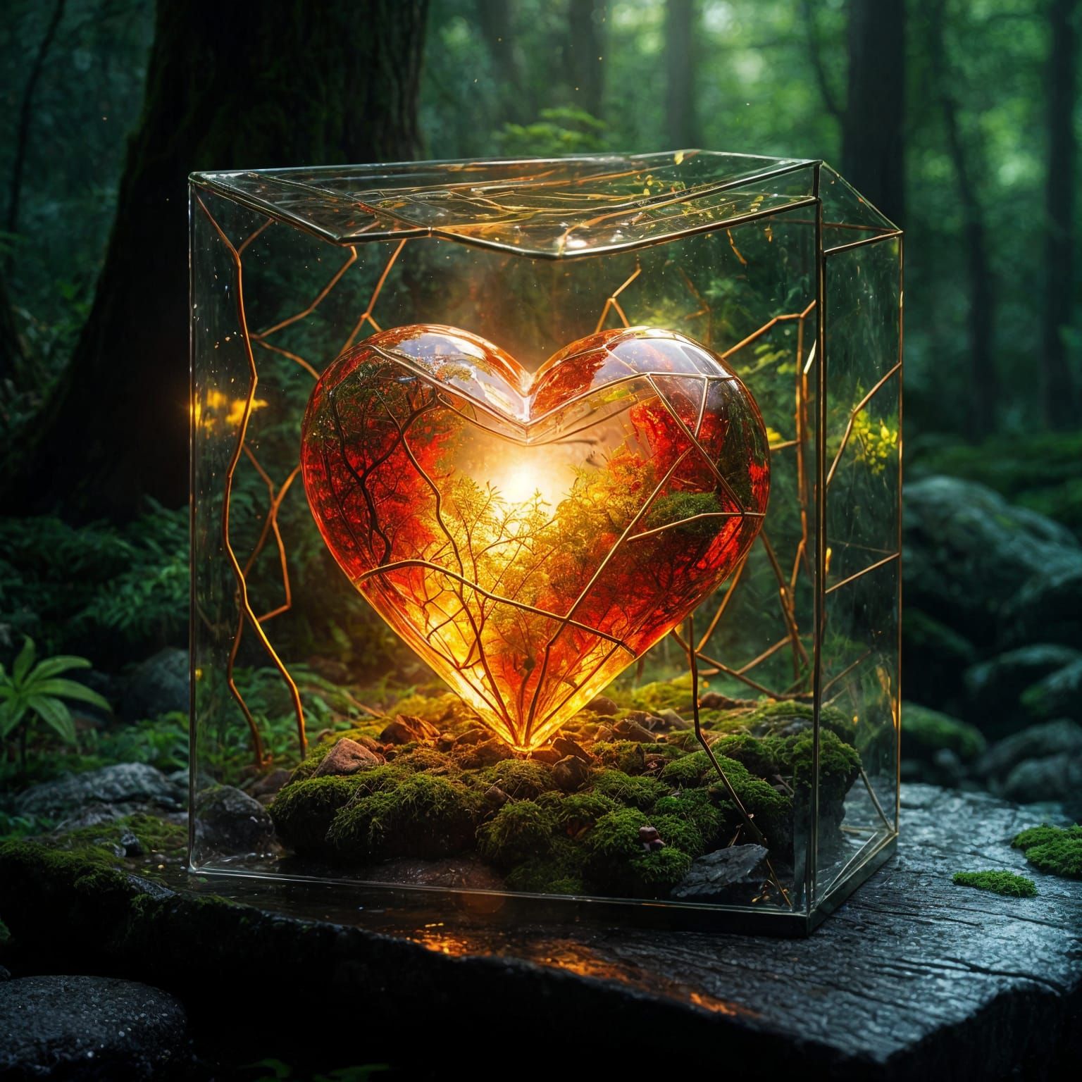 Enchanted Forest: Glowing Heart in Glass Cube