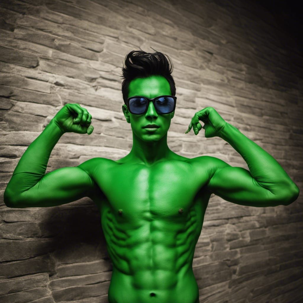 Hyperrealistic Scrawny Cosplayer in Green Bodypaint
