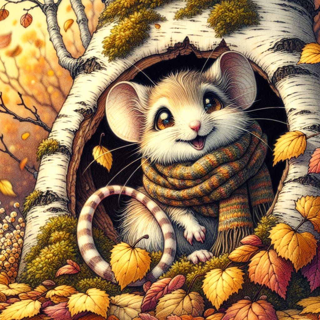 Mouse in Birch Tree Hole: Watercolor Fantasy