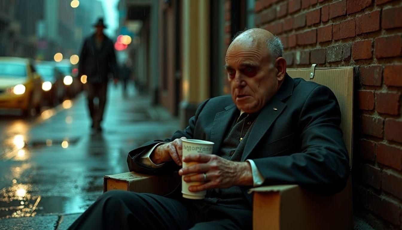 Gritty Film Still: Disheveled Man Begging in Rain