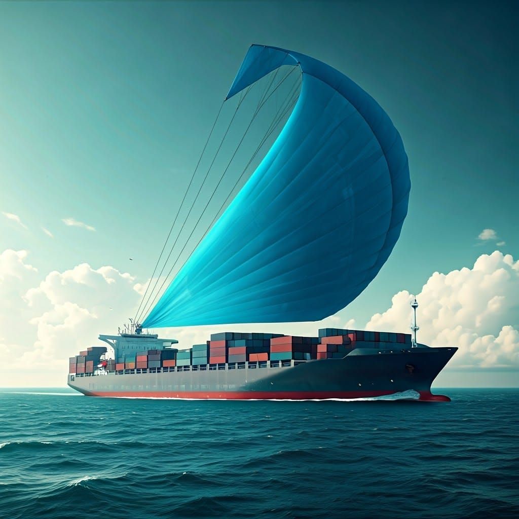 Futuristic Cargo Ship Deploys Electric Blue Kite-Sail