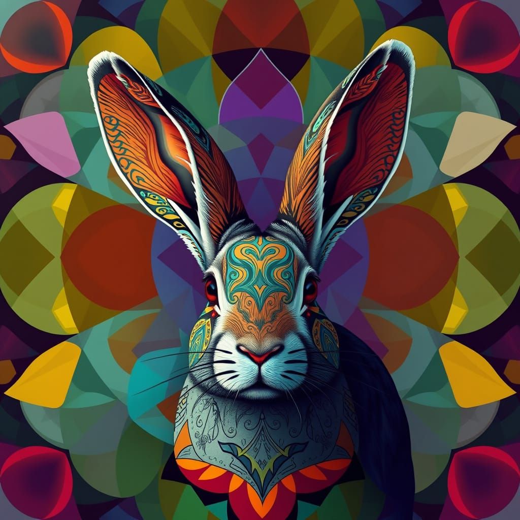Vibrant Tribal Mosaic Rabbit Concept Art