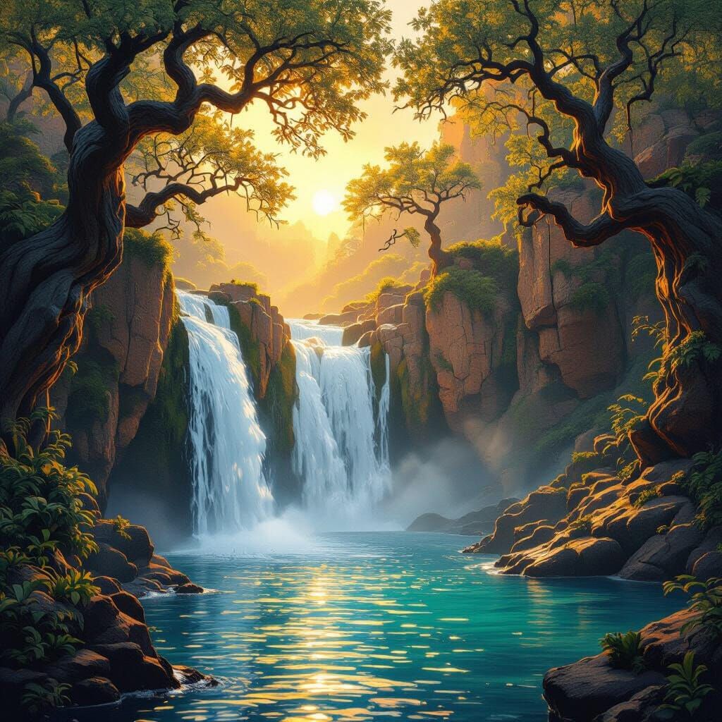 Majestic Waterfall Scene with Painterly Textures