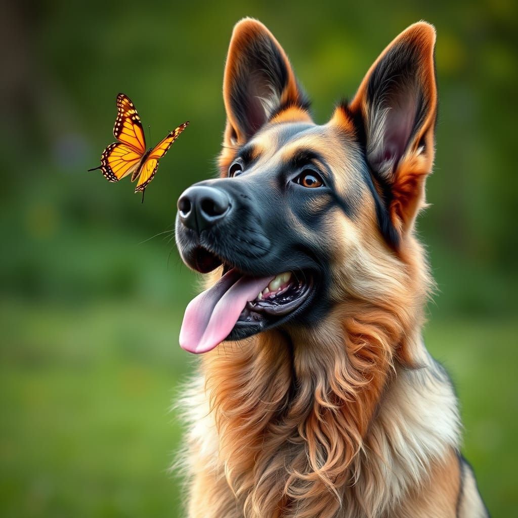 Photorealistic German Shepherd Watches Butterfly in Nature