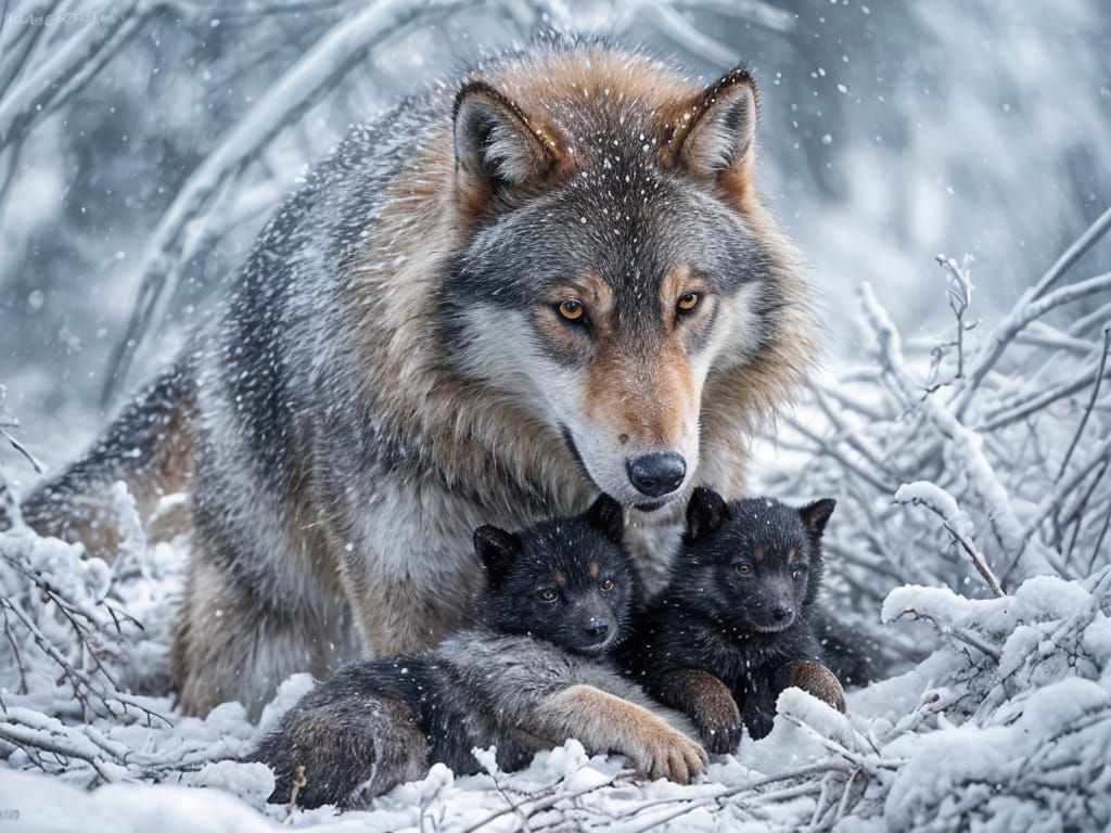 Mother Wolf Protects Pups in Winter Landscape