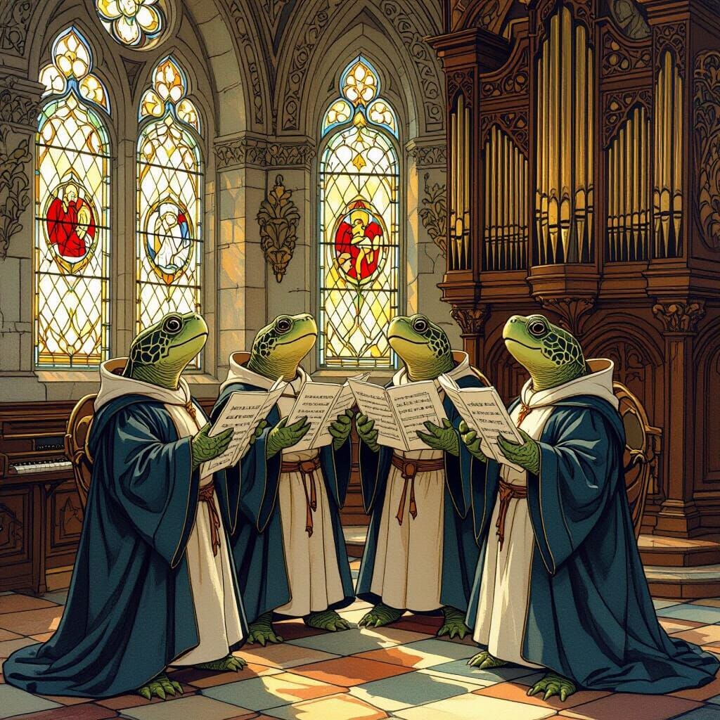 Whimsical Turtles Choir in Arthur Rackham Style