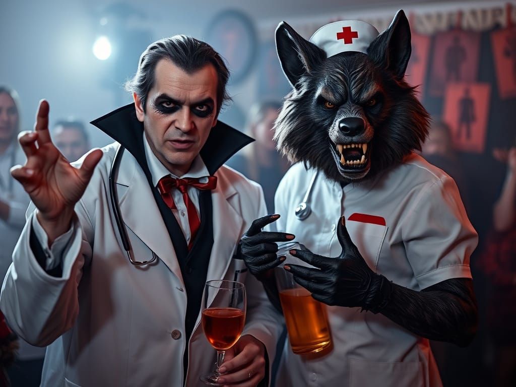 Vampire Doctor and Werewolf Nurse at Halloween Party