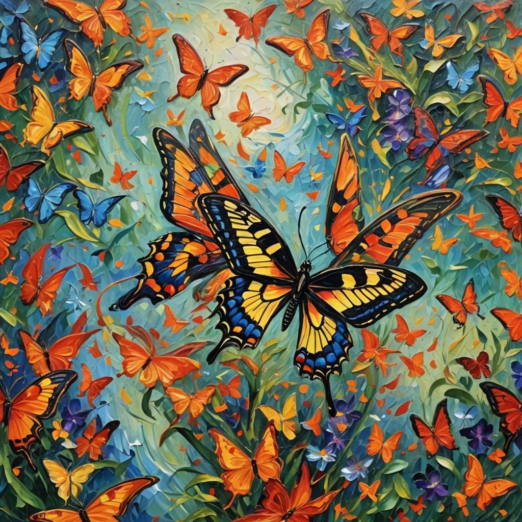 Neo-Impressionist Lizard and Butterfly Oil Painting