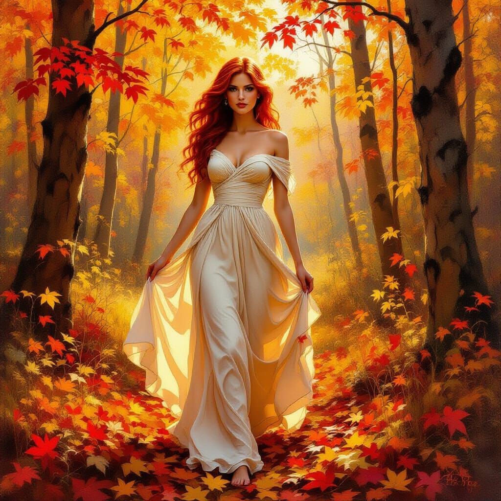 Redhead in Autumn Forest at Golden Hour
