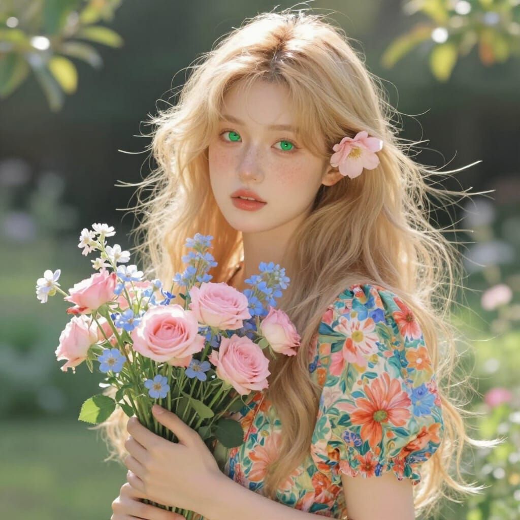 Woman in Floral Dress Holding Flowers in Dappled Sunlight