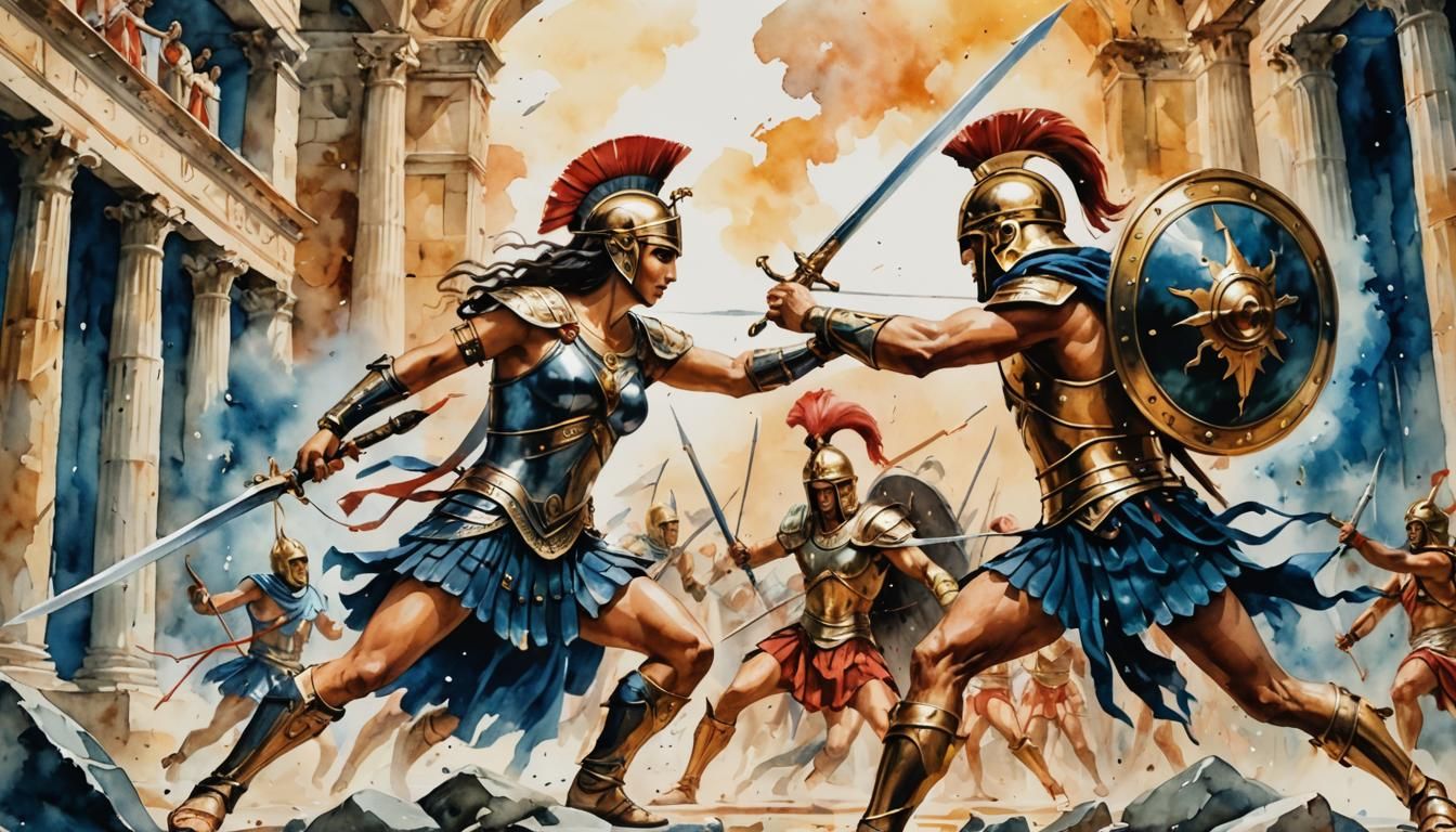 Penthesilea vs Achilles: Watercolor Battle in Troy