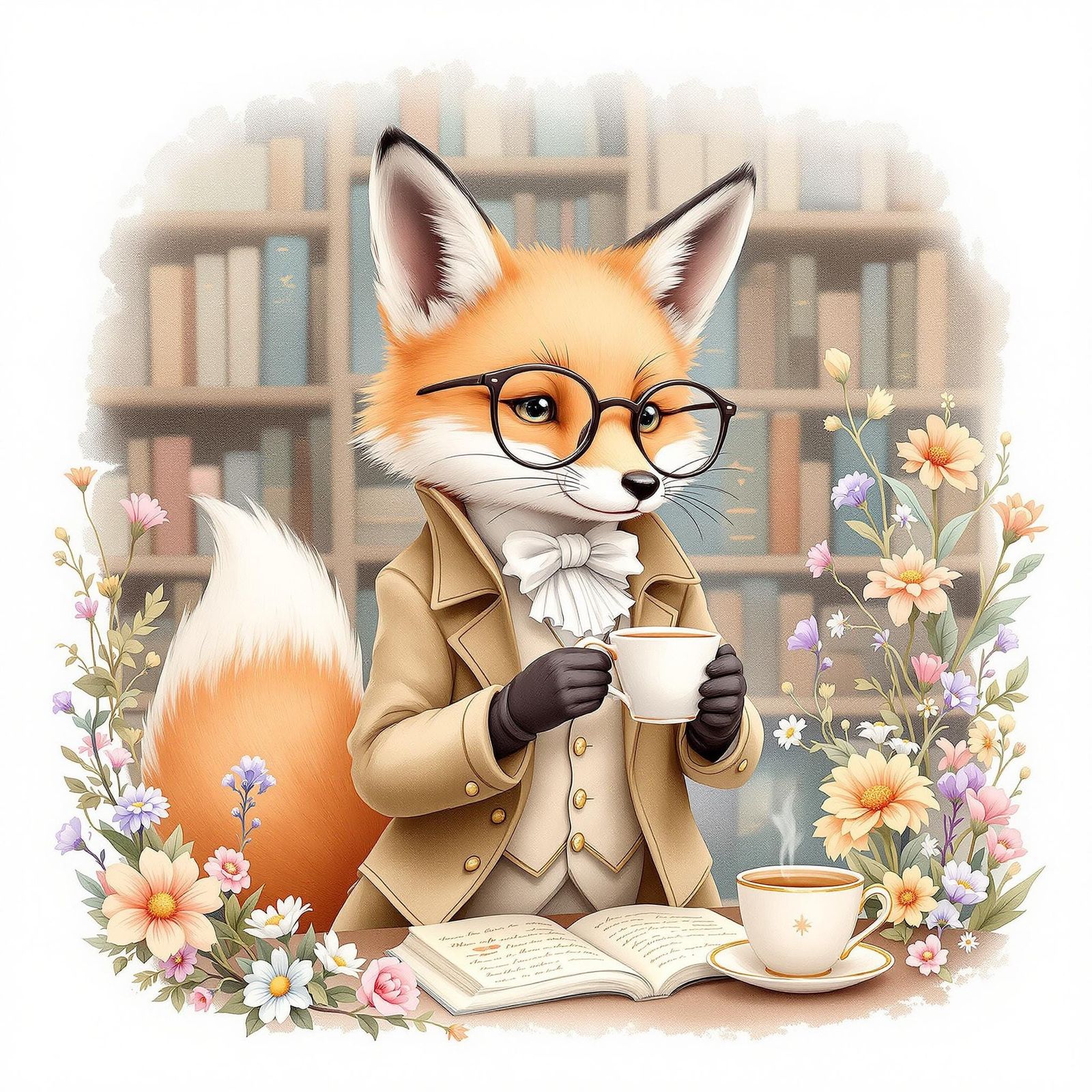 Fox in Waistcoat Sips Tea: Watercolor Art