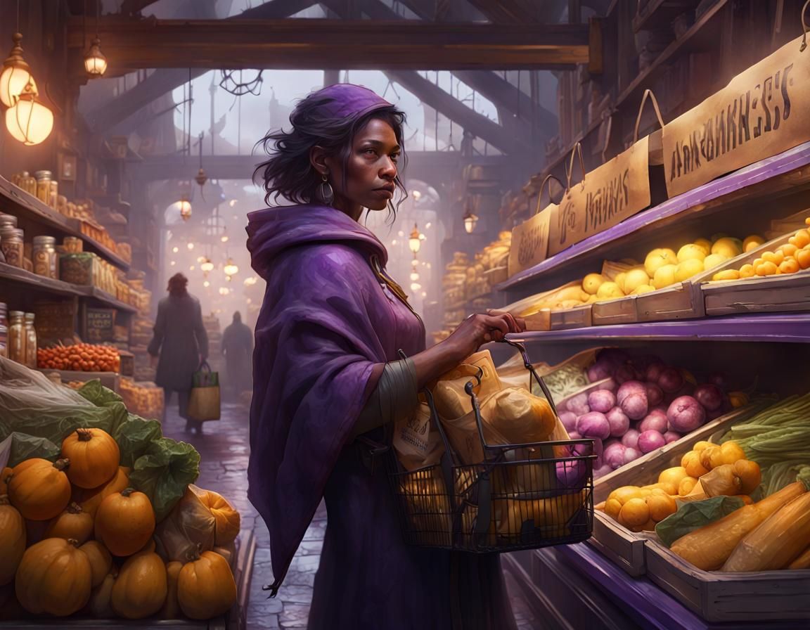 Cat Woman's Grocery Shopping Trip: Dark Fantasy Art