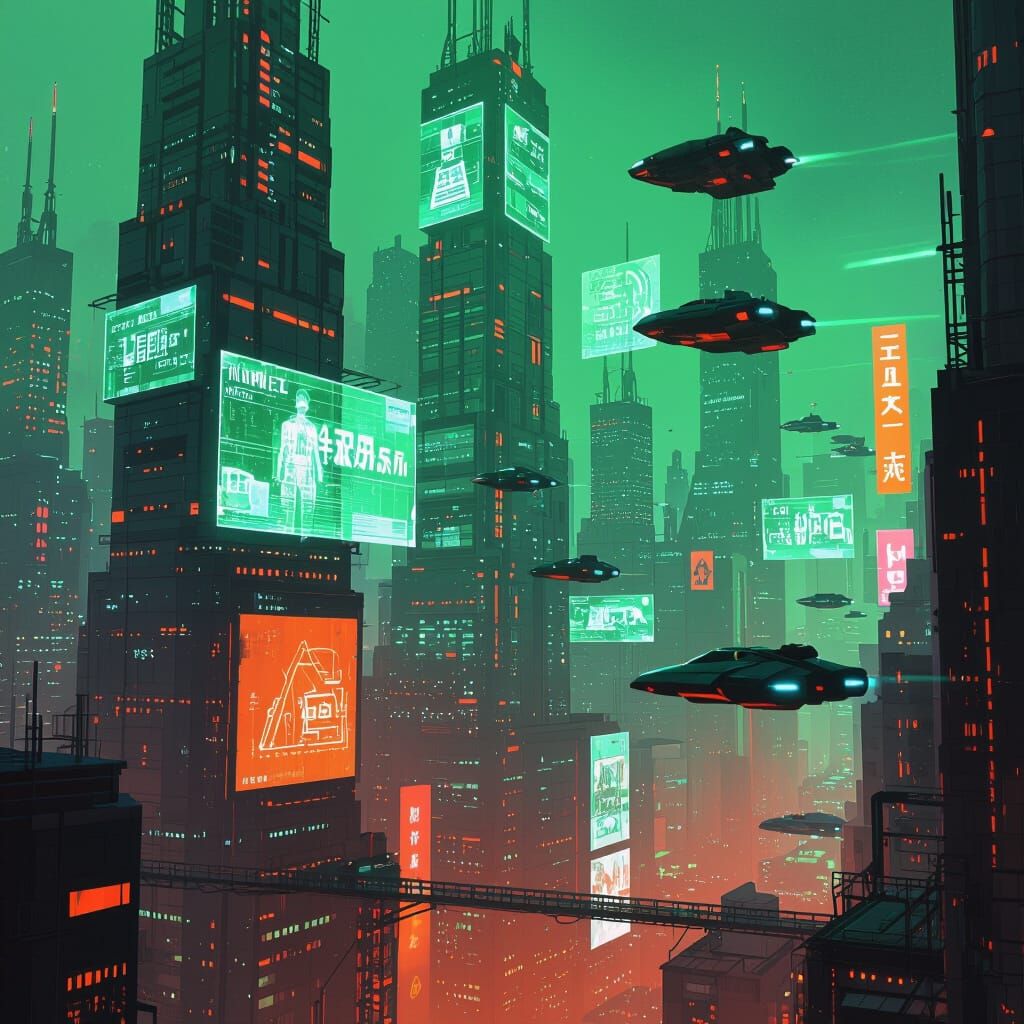 Neon Cyberpunk Cityscape with Flying Vehicles