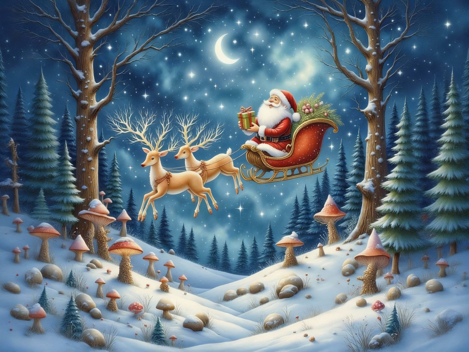 Santa Delivers Gifts to Forest Sprites in Watercolor Style