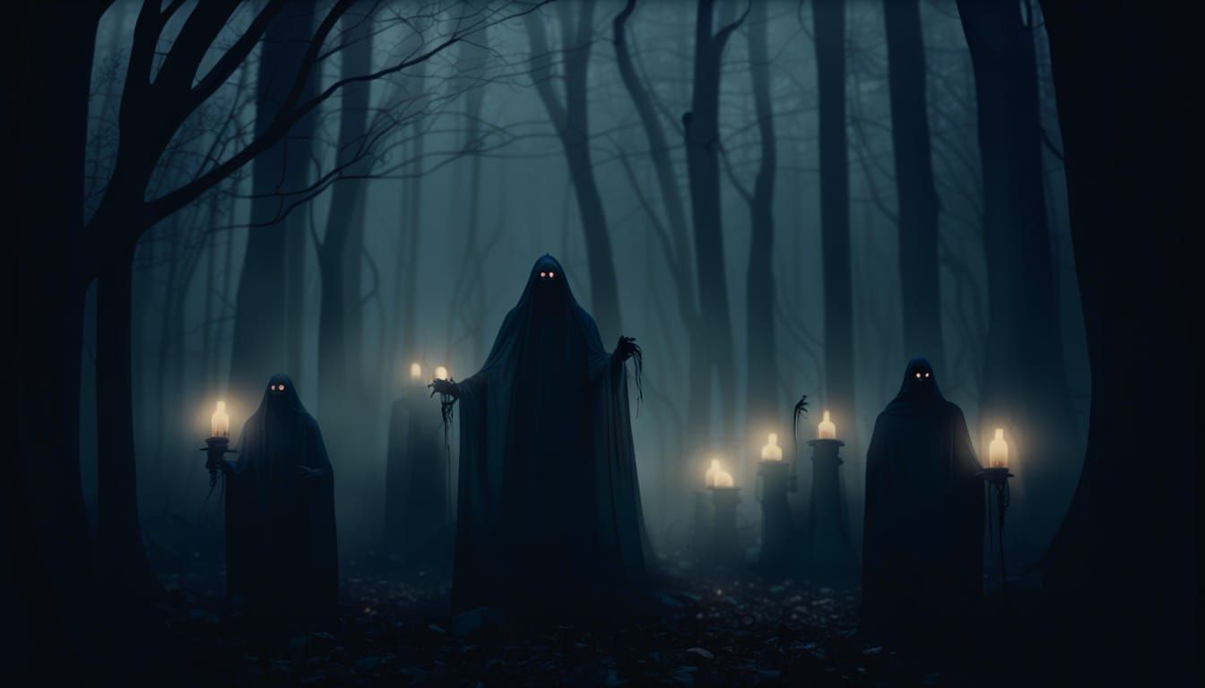 Eerie Halloween Monsters in Foggy Forest: Matte Painting
