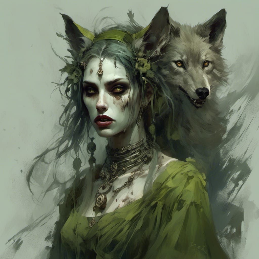 Alternative Girl with Wolf in Horror Art Style