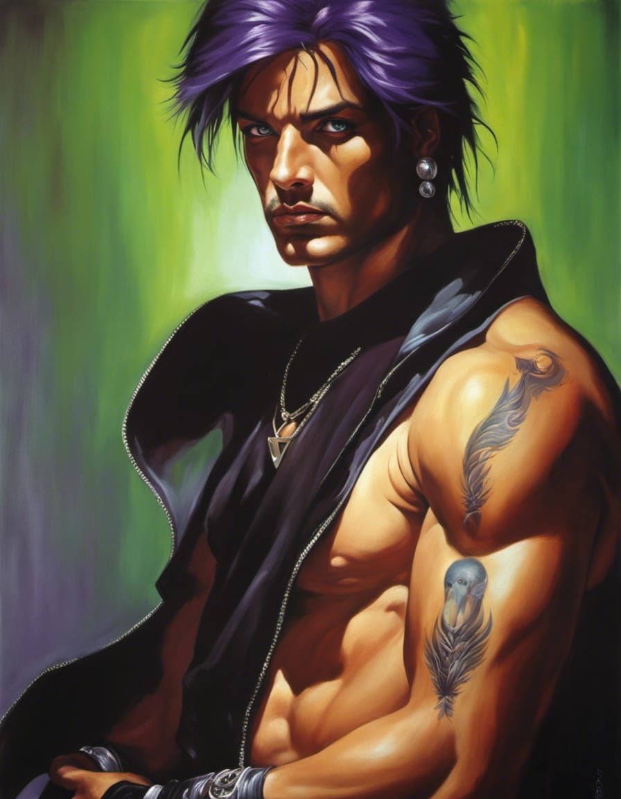 Cyberpunk Man with Tattoos: Acrylic Painting