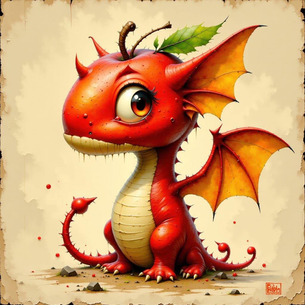 Apple-Dragon Hybrid in Whimsical Animated Style