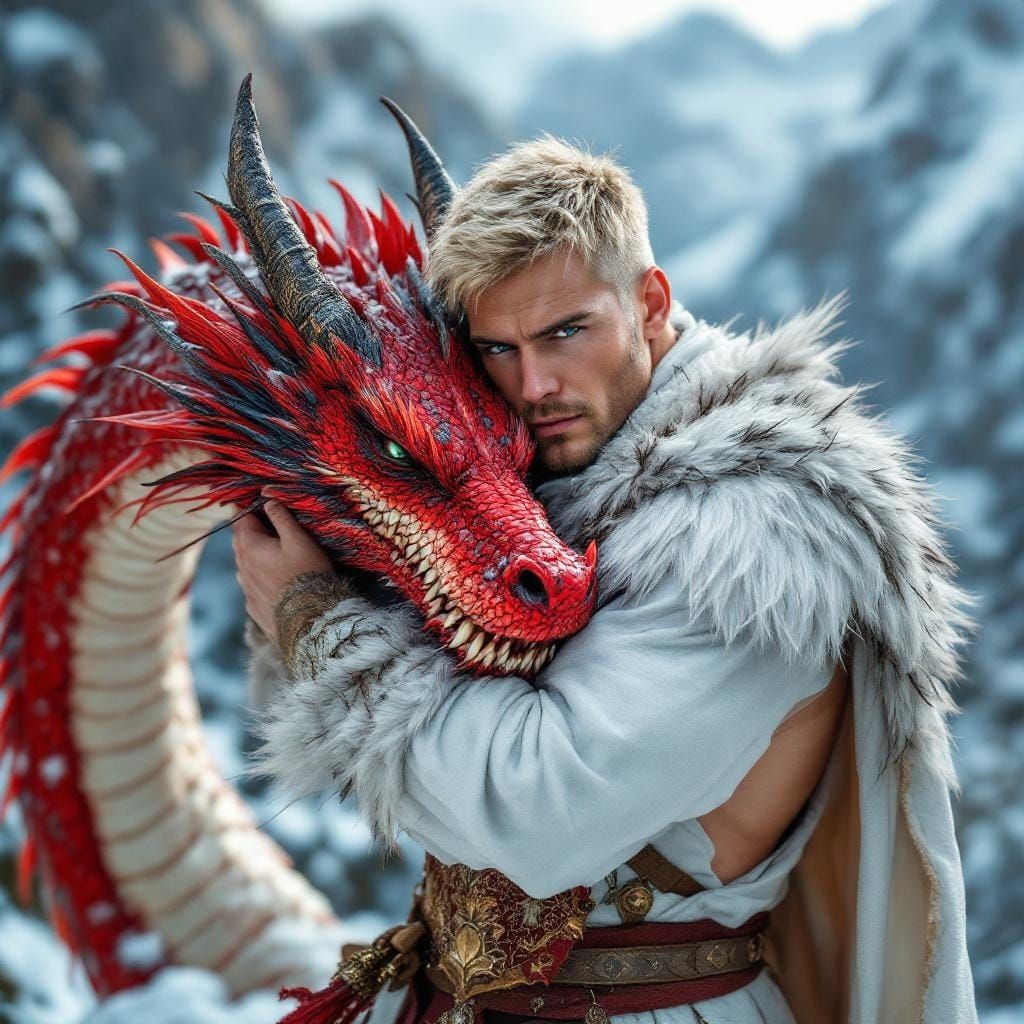 Man Hugging Dragon in Snowy Mountains, Professional Photogra...