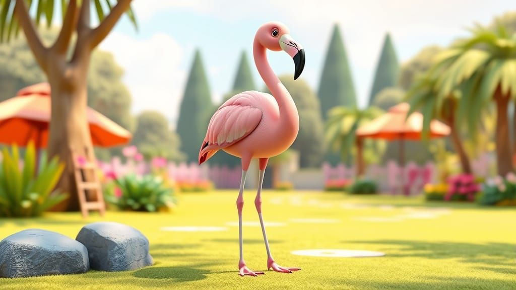 Vibrant Flamingo Stands in Whimsical Park, in Pixar Animatio...