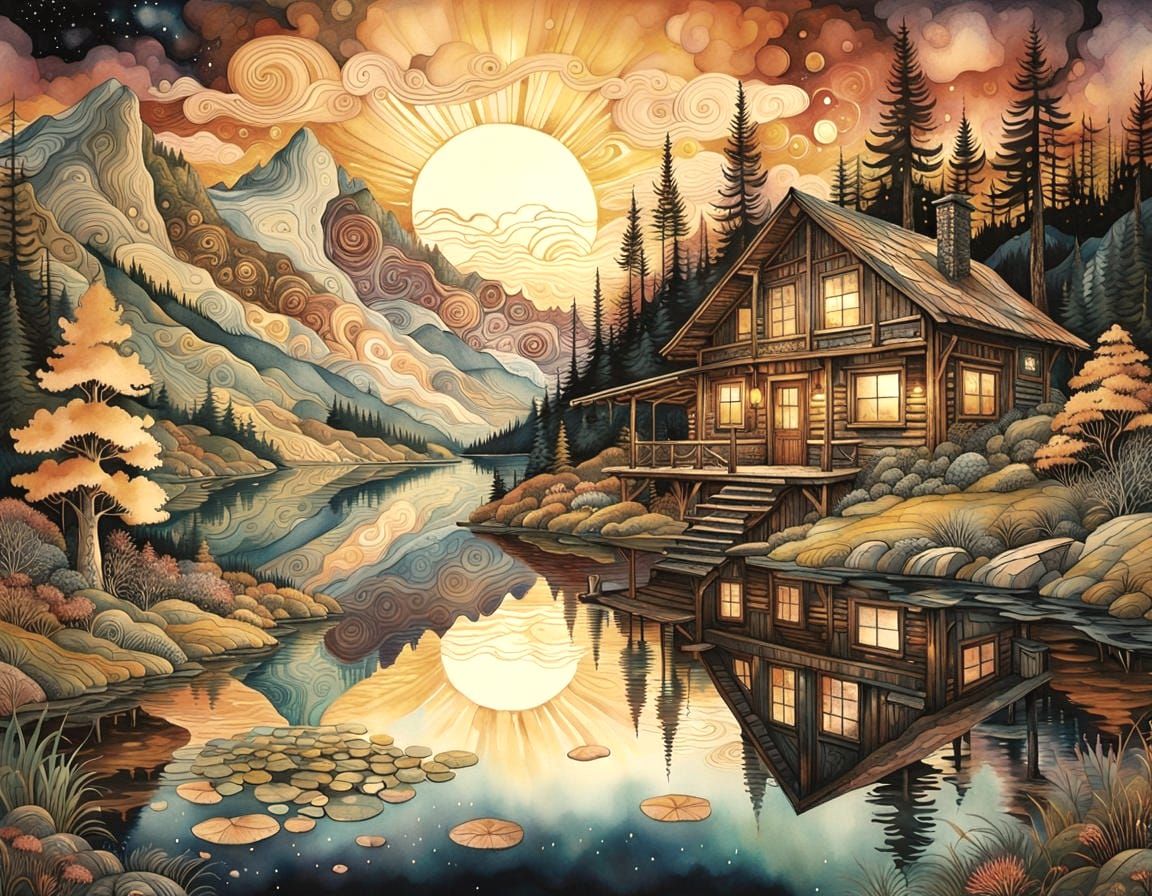 Golden Hour Mountain Cabin in Ink and Watercolor
