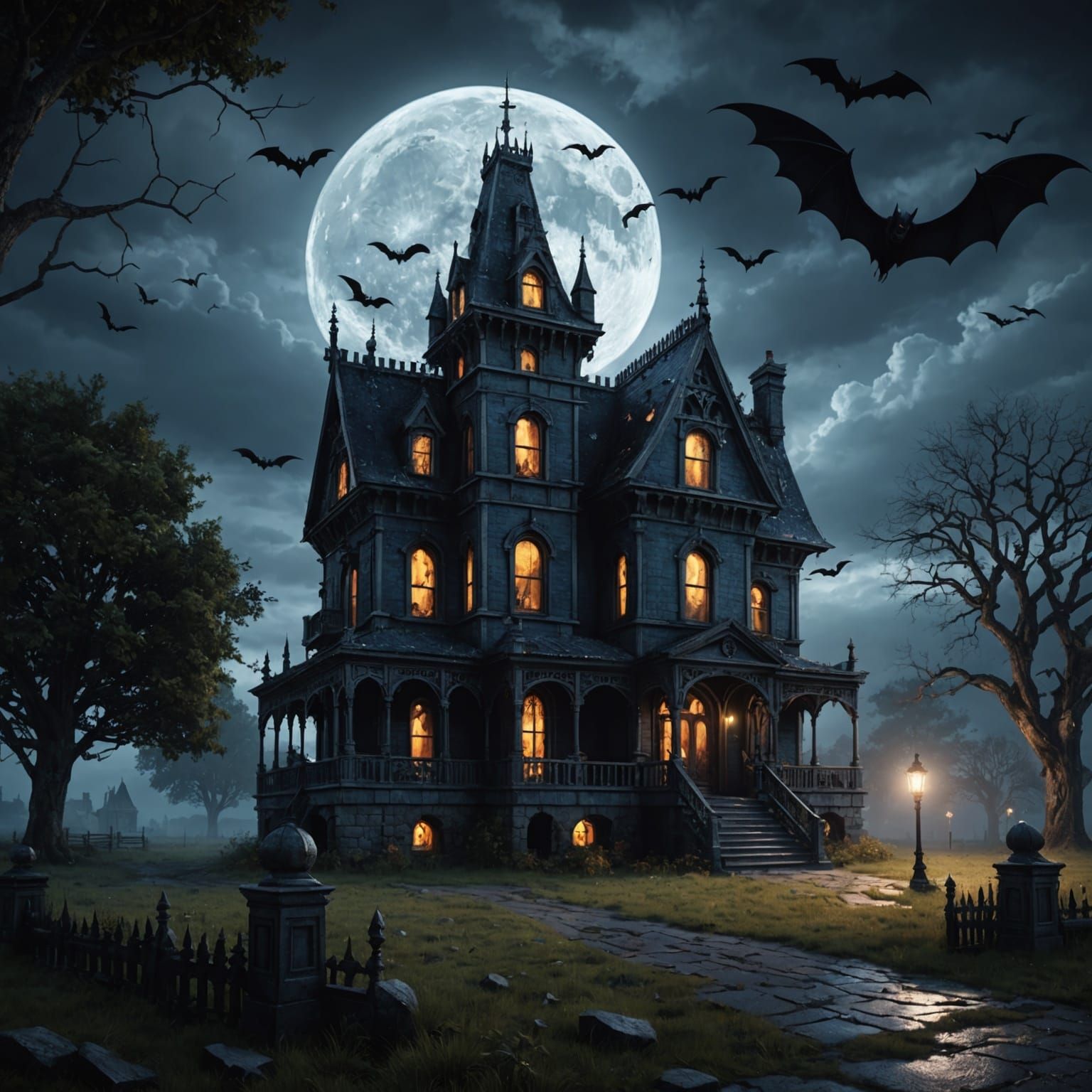 Gothic Haunted House with Bats at Night