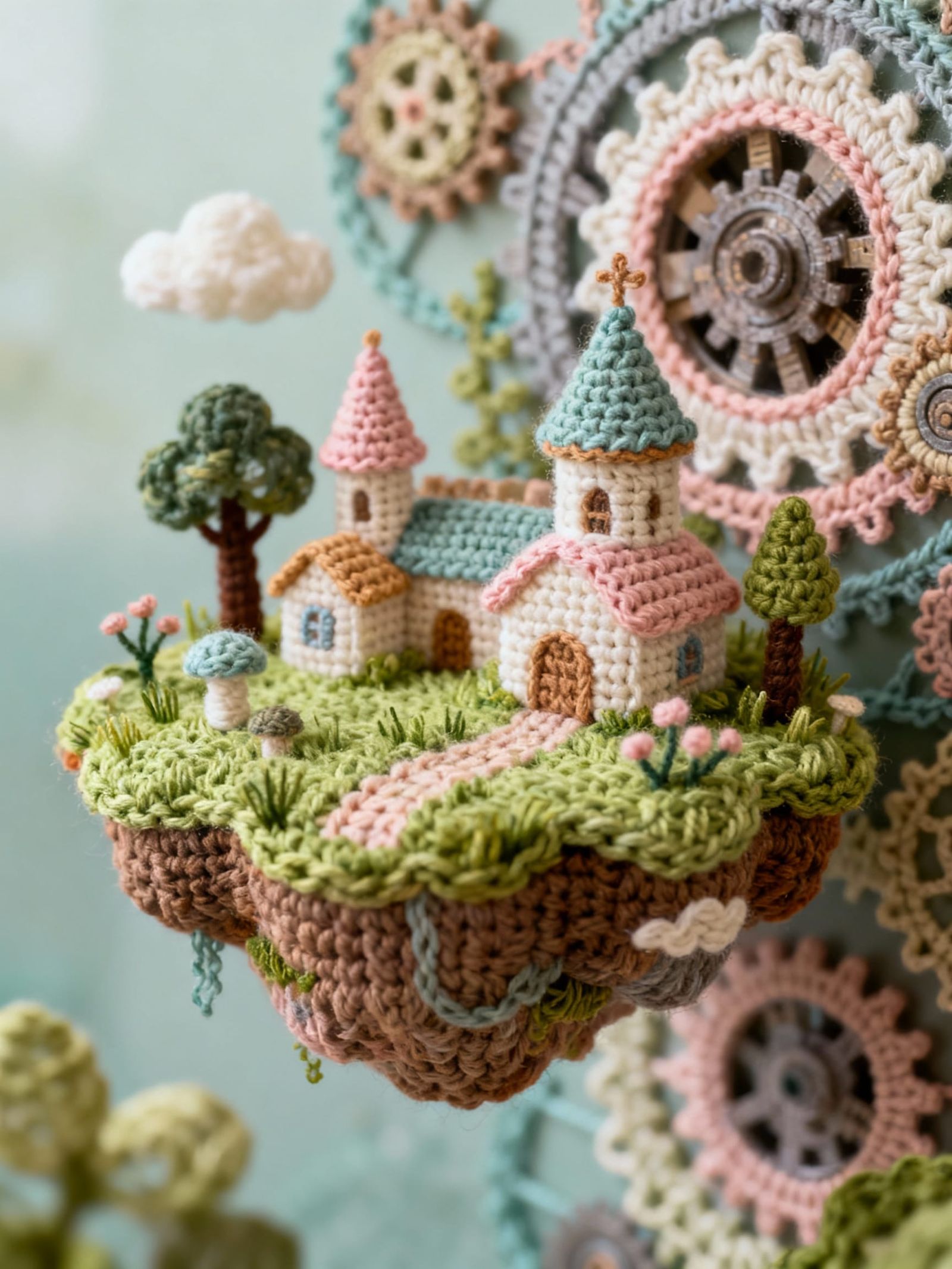 Miniature Crocheted Fantasy Flying Island - Mechanical Croch...