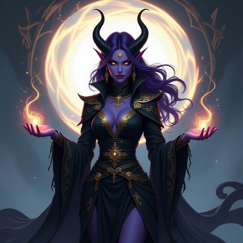 Warlock Tiefling with Purple Skin and Golden Eyes