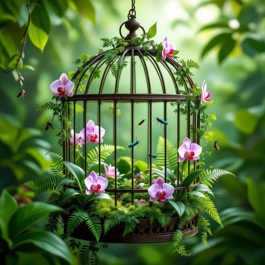 Lush Jungle Thriving in Forgotten Birdcage