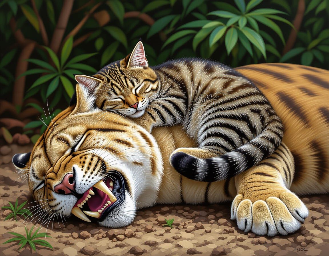Cute Smilodon Sleeps With Tabby Cat