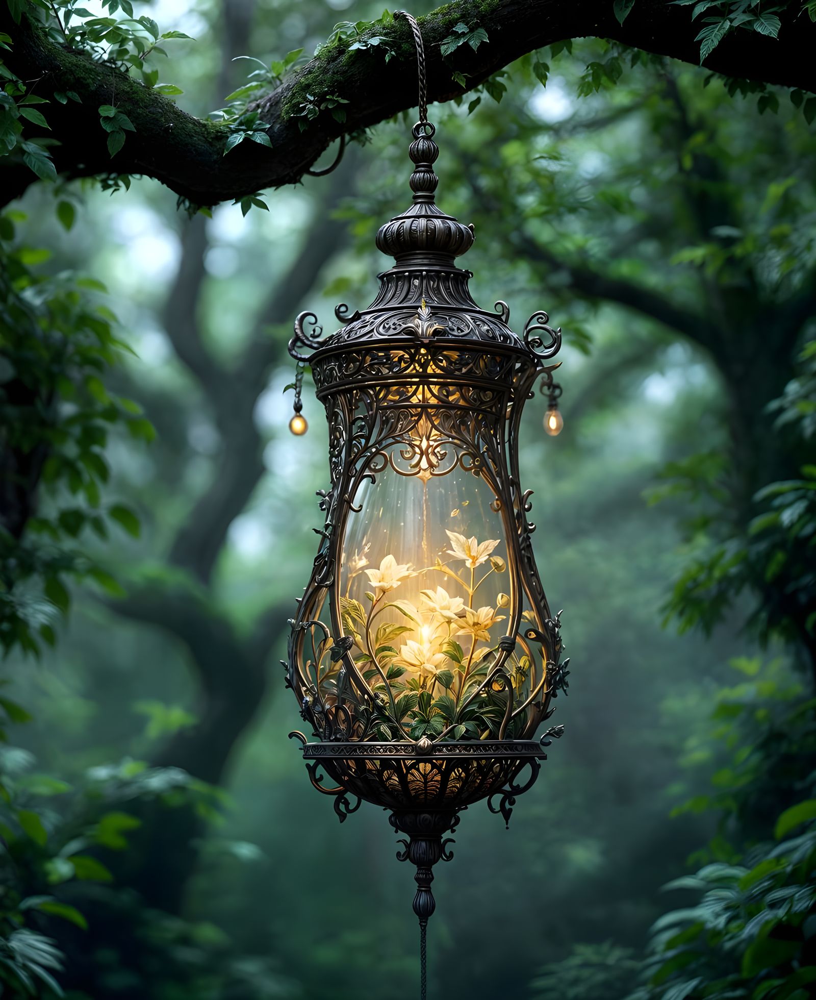 Enchanted Lamp in Eldritch Forest, Art Nouveau Style