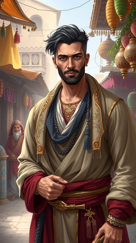 Dreamlike Image of Handsome Persian Warrior in Ancient Bazaa...