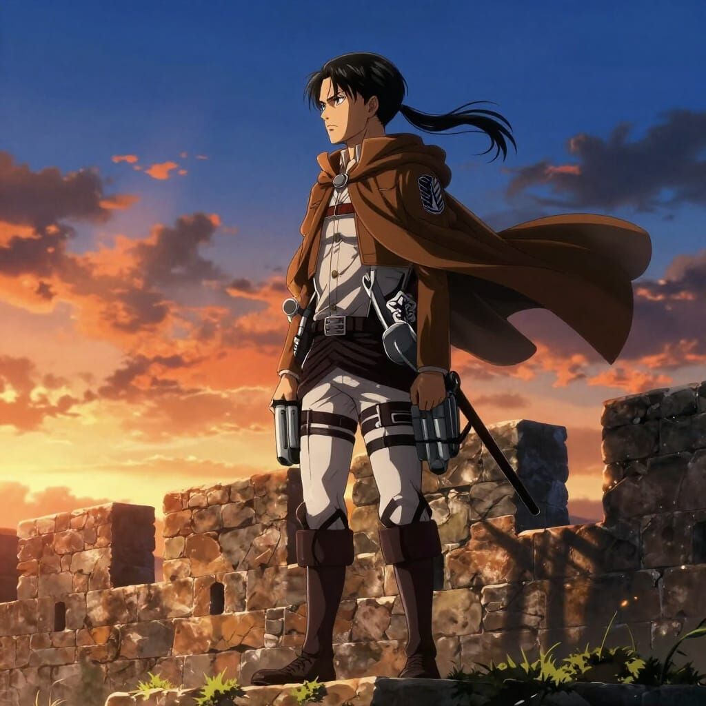 Attack on Titan Soldier on Wall at Sunset