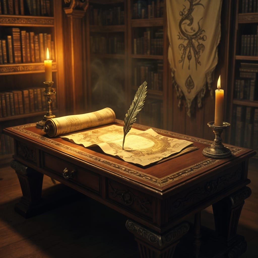 Mystical Writing Desk in Candle-Lit Fantasy Room