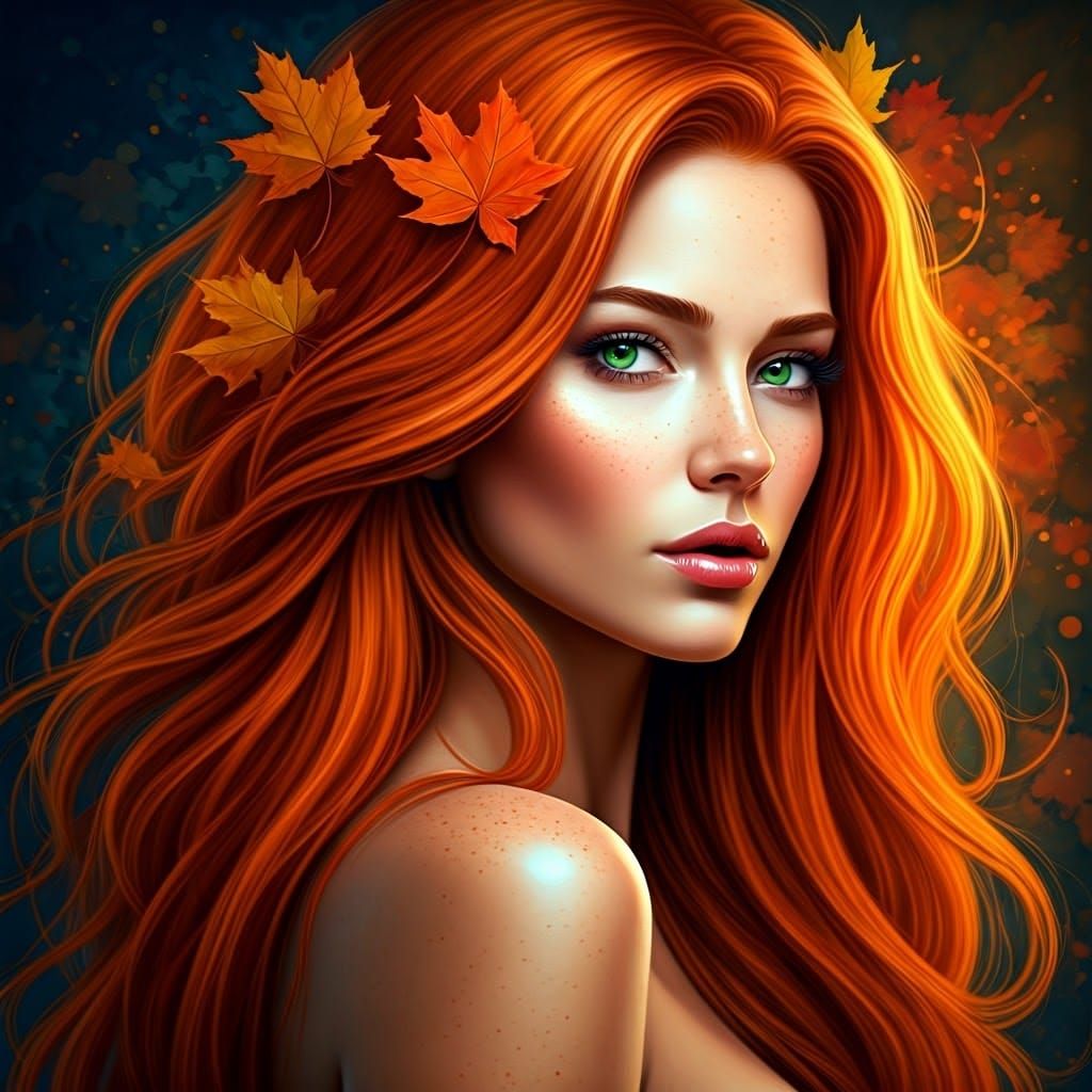 Hyperrealistic Portrait of a Woman with Autumn Leaves Hair