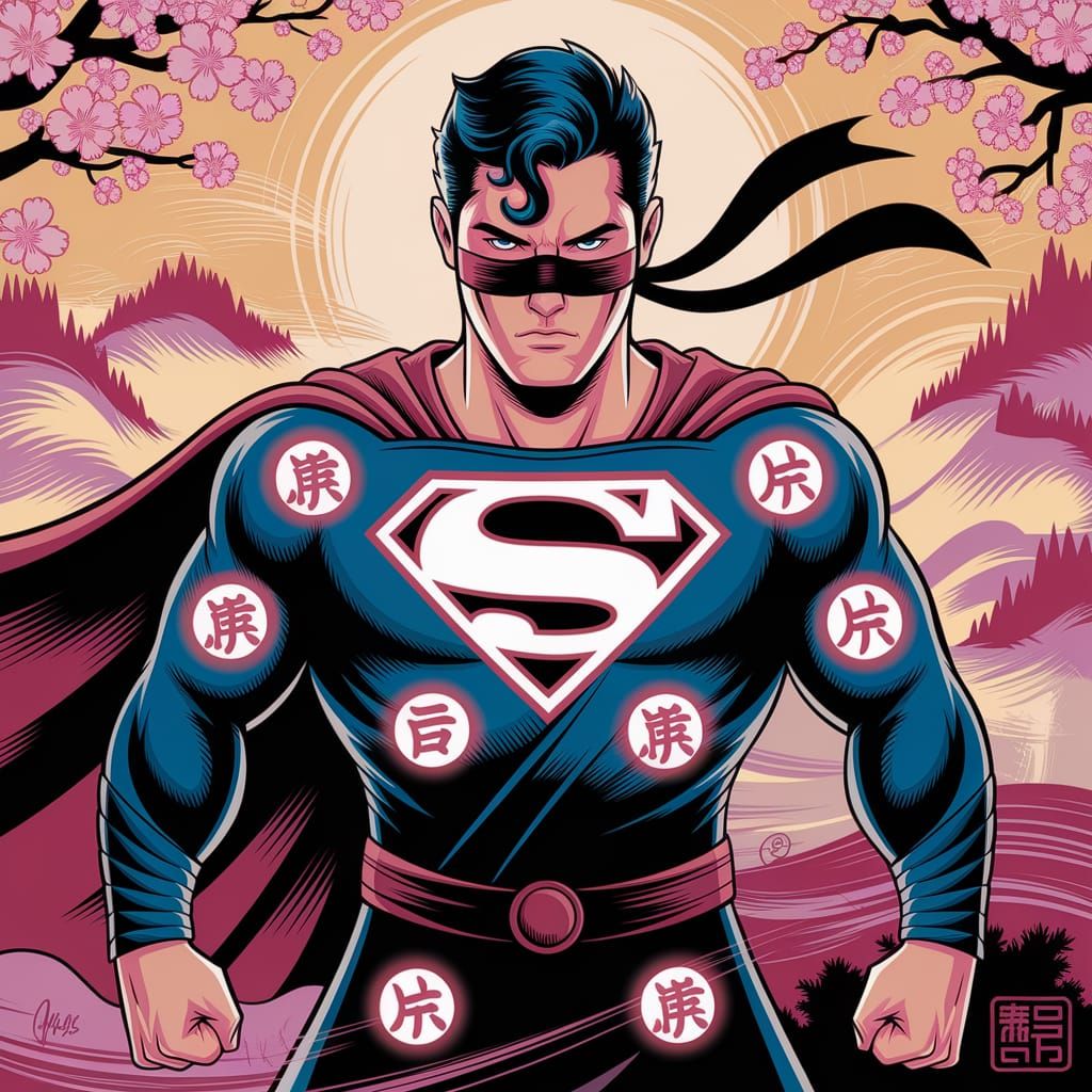 Folk Art Ninja Superman in Cherry Blossom Landscape