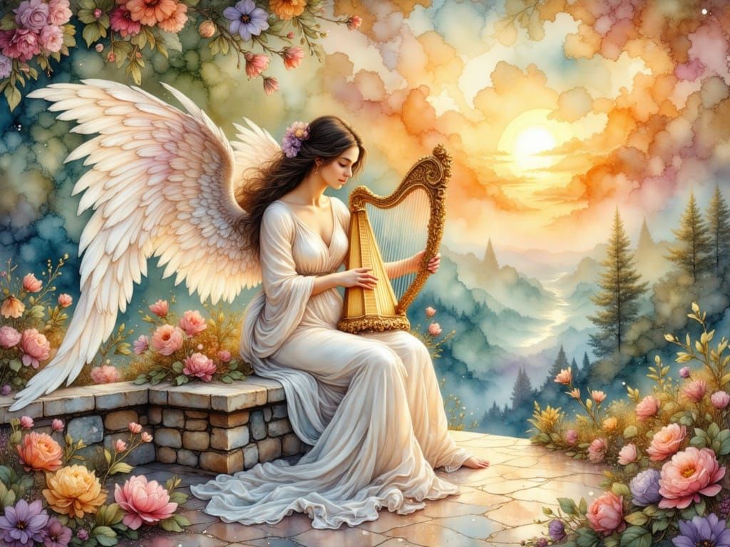 Radiant Angel Playing Harp in Dreamlike Garden