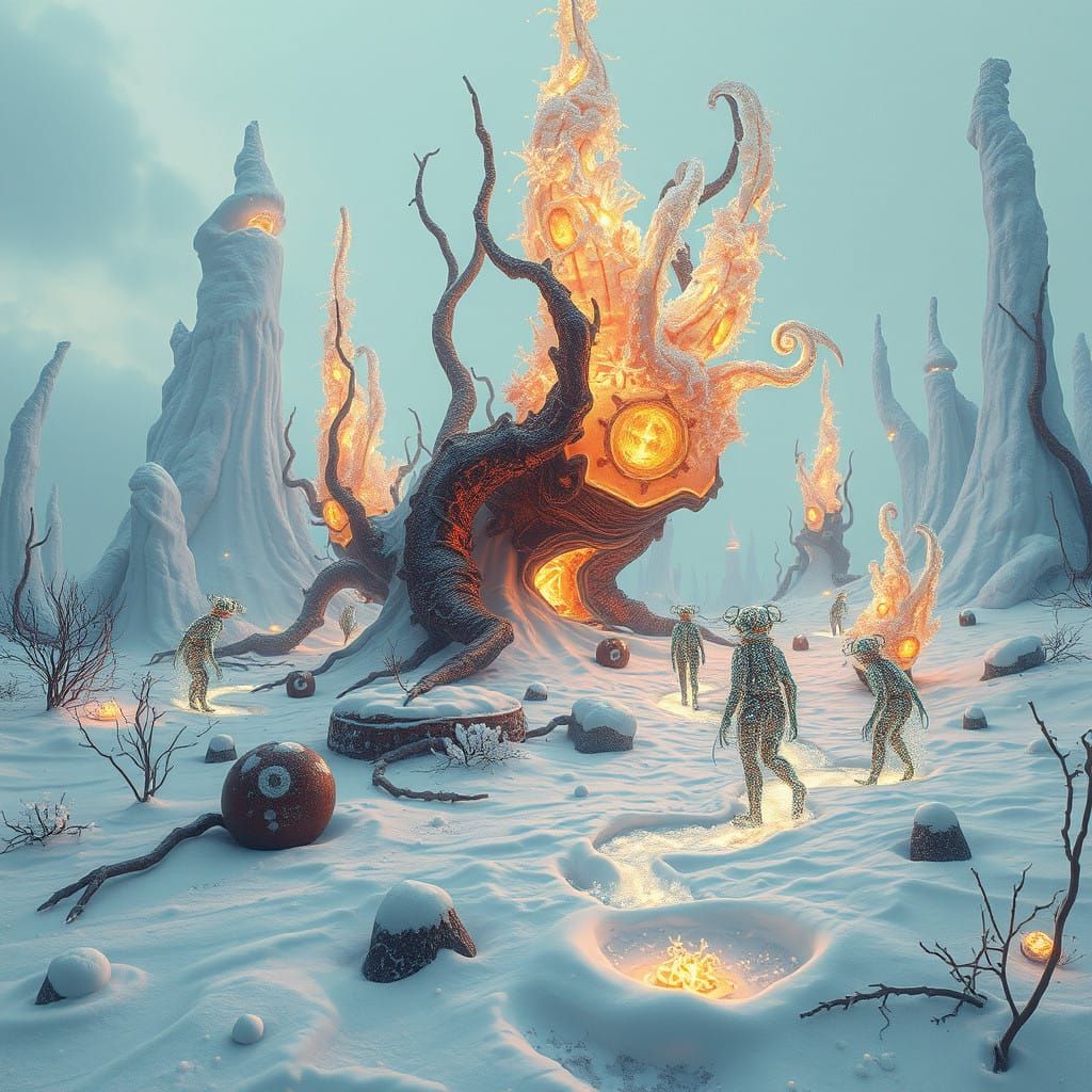 Surrealist Winter Wonderland with Twisted Biomechanics