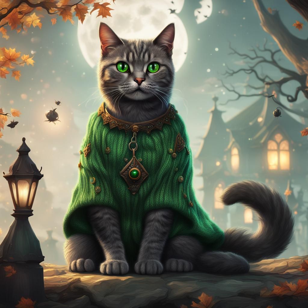 Grey Cat in Halloween Sweater, Detailed Matte Painting