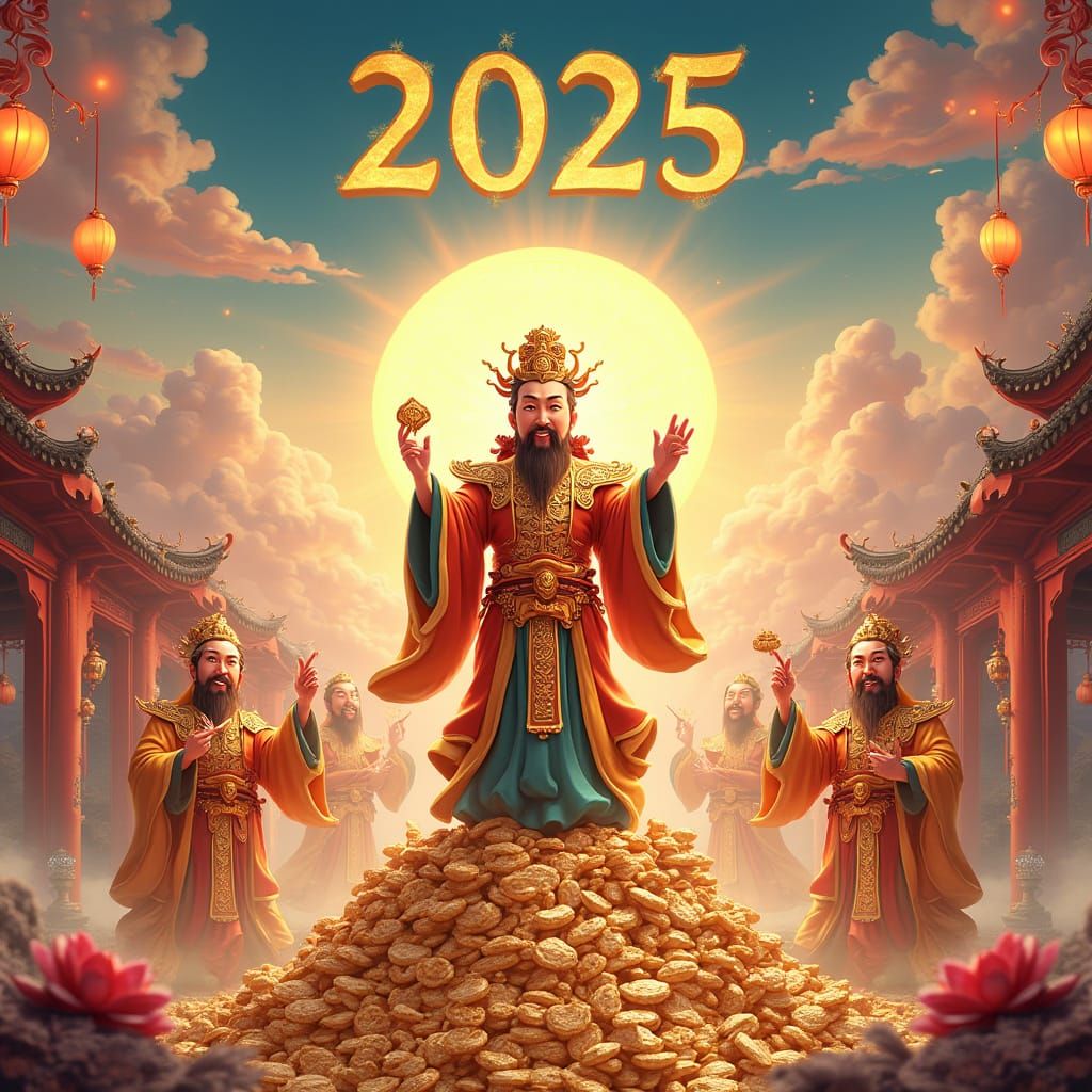 Vibrant Caishen Illustration in Golden Attire Amidst Ancient...